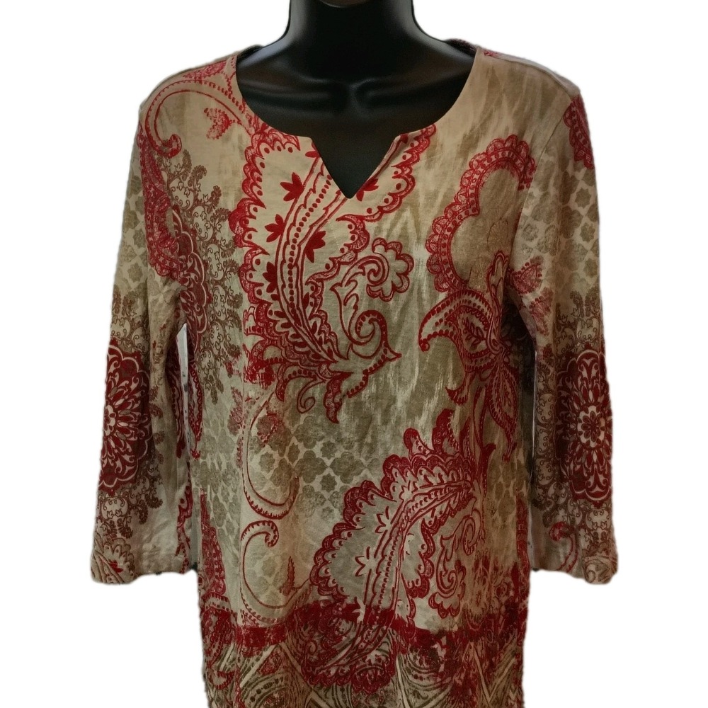 Chicos Size 0 (Small) Tan/Red Paisley 3/4 Sleeve Casual Shirt MODAL BLEND